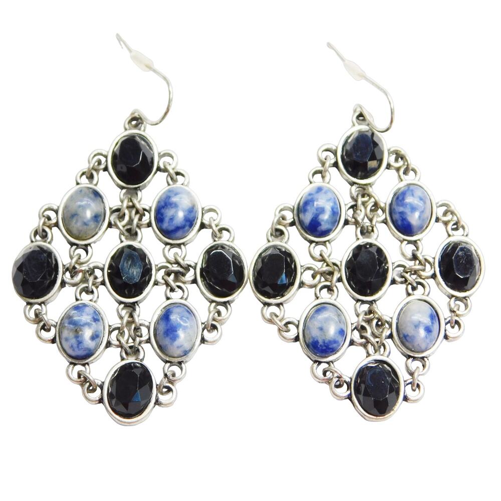 Fashion Stone Link Dangle Blue Black Silver Earrings